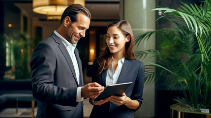 CHECKING IN VIP CLIENTS AT A LUXURY HOTEL USING A DIGITAL TABLET. image created by legal AI