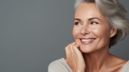 Beautiful 50 year old woman with clean fresh skin on a light background. Facial care, cosmetology, beauty and spa concept - obrazy, fototapety, plakaty