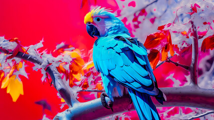 Obraz premium A blue parrot stands on a branch surrounded by brightly colored red and yellow leaves 