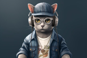 Hipster cat with headphones listening to music on a dark background.