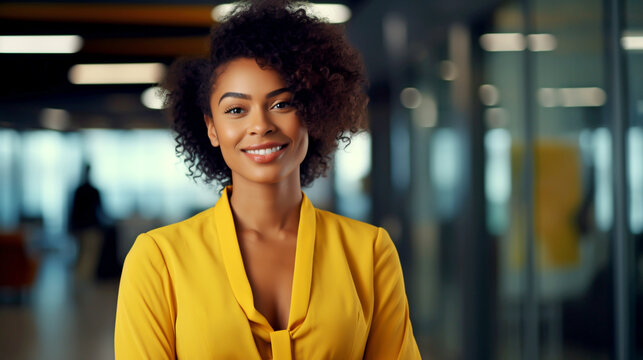 SMILING AFRICAN AMERICAN BUSINESSWOMAN, PROFESSIONAL MANAGER IN OFFICE. image created by legal AI