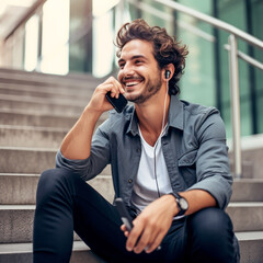 SMILING POSITIVE STUDENT TALKING ON MOBILE PHONE. image created by legal AI