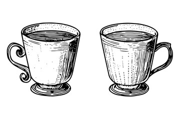 Set of vintage cups or mugs hand drawn ink sketch. Engraved style vector illustration. - obrazy, fototapety, plakaty