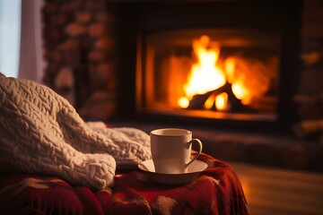 Mug With Hot Tea Standing on a Chair With Woolen Blanket in a Cozy Living Room With Fireplace.