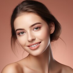 Obraz premium Beautiful Young Woman with Clean Fresh Skin touch own face . Facial treatment . Сoncept skin care cosmetics solution