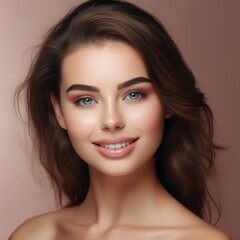 Fototapeta premium Beautiful Young Woman with Clean Fresh Skin touch own face . Facial treatment . Сoncept skin care cosmetics solution