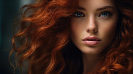 Fototapeta premium Close-up portrait of a beautiful woman with curly brown and reddish hair