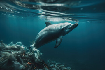 Fototapeta premium Plastic Pollution In Ocean, Sea. Dolphin Eat Plastic. Fish entangled in waste dumped into the water by humans. Earth day
