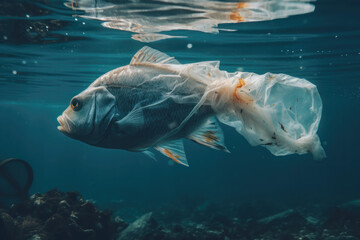 Plastic Pollution In Ocean, Sea. Fish Eat Plastic. Fish entangled in waste dumped into the water by humans. Earth day