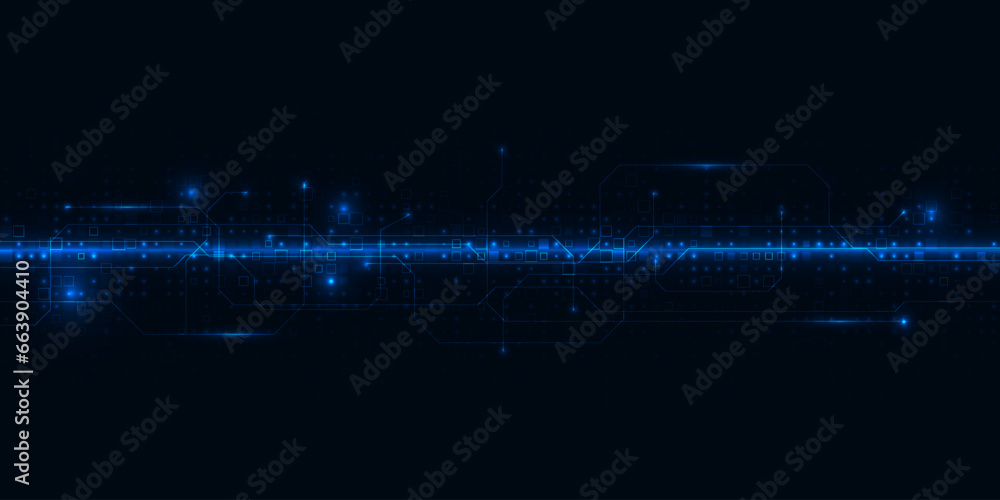 Poster vector illustration of futuristic digital technology background with horizontal glowing dots field a