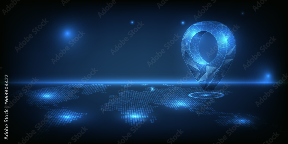 Poster vector illustrations of futuristic location icon pin on world map .business strategy and digital com