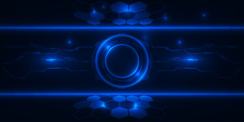 Abstract blue futuristic digital hi tech technology background with circle head up display interface and digital circuit network for advertising and game artwork.