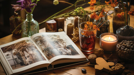an illustrated book on the table with decorations