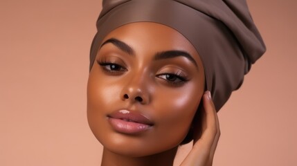 a beautiful stylish mulatto woman with clean fresh skin touches her own face. Facial care. Cosmetology, beauty and spa