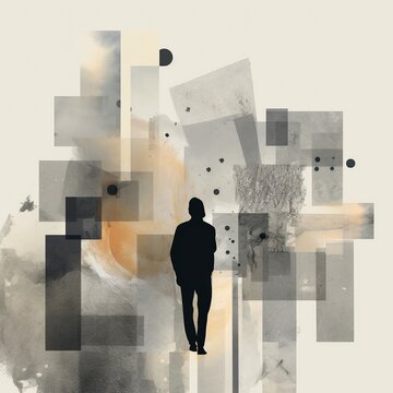 Man Facing Floating Abstract Shapes in Foggy Surreal Landscape

