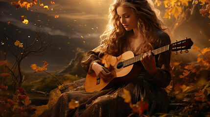 A woman plays the guitar in autumn - obrazy, fototapety, plakaty