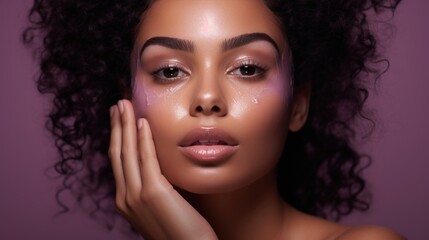 Obraz premium a beautiful curly young mulatto woman with clean fresh skin touches her own face. Facial care. Cosmetology, beauty and spa