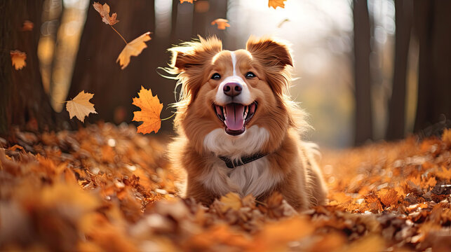 A cute dog in autumn leaves