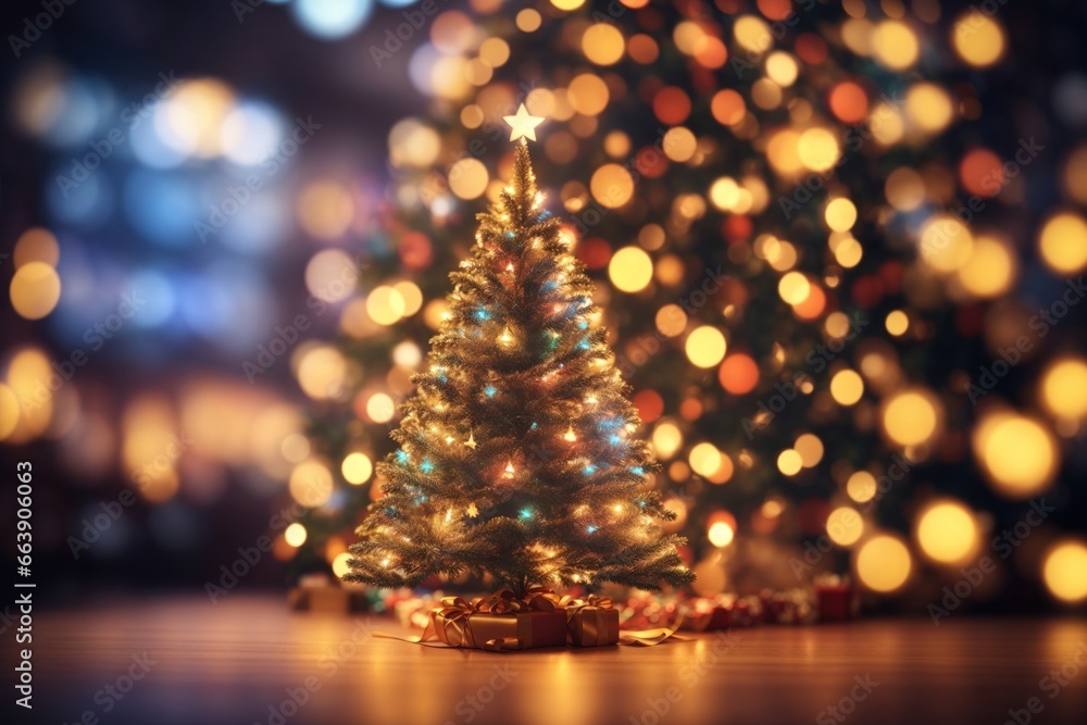 Poster blurred background with a glowing colorful christmas tree. ai generative