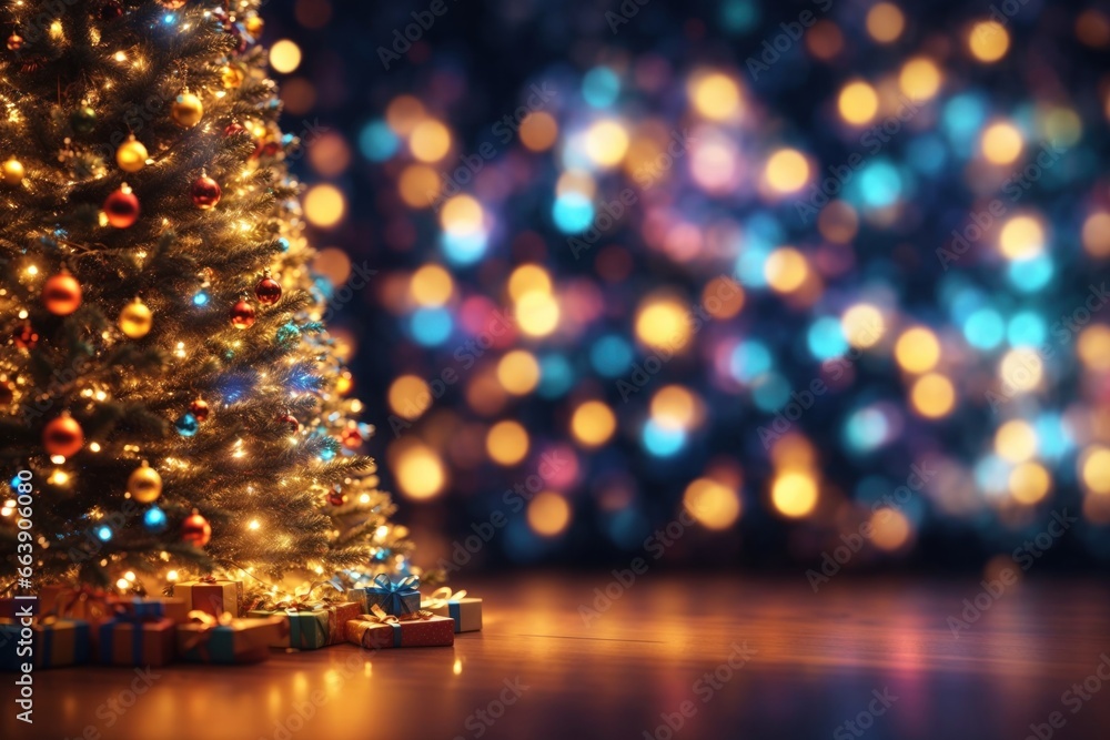 Poster blurred background with a glowing colorful christmas tree. ai generative