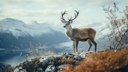 A beautiful deer stands on a mountain. In the background are snow-capped peaks