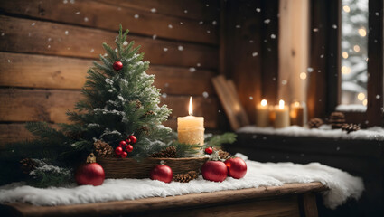 A small Christmas tree with a burning candle and Christmas tree balls on an old table in front of a rustic wooden wall