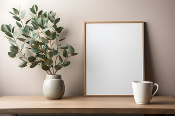 Empty wooden picture frame, poster mockup hanging on beige wall background. Vase with green eucalyptus tree branches on table. Cup of coffee, books. Working space, home office - obrazy, fototapety, plakaty