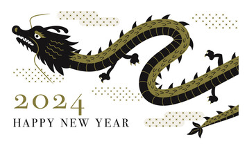 シンプル・フラットな辰年の年賀状デザイン　2024年横（黒・金）
