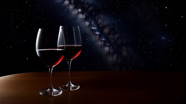 glasses of red wine in the night, galaxy background