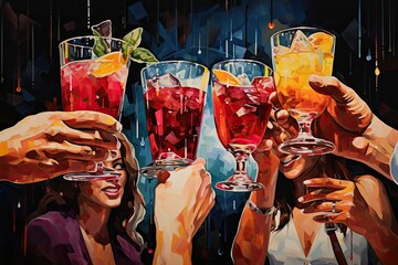 Vector illustration of a group of people clinking glasses with cocktails, Friends toasting with cocktails in the bar, no face, AI Generated