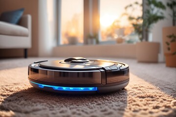 robot vacuum cleaner working on a carpet. ai generative