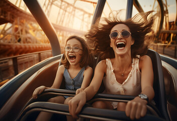 Family with children having fun on amusement park rides.