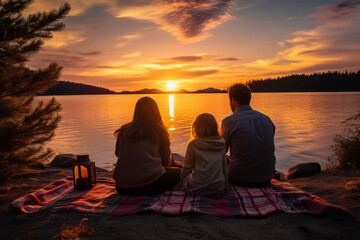 A joyful family gathered around a picnic blanket beside a serene lake, enjoying food as the sun sets, painting the sky in warm hues