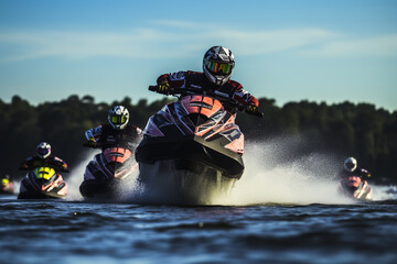 The thrill of speed captured as jet ski riders race across a crowded lake, leaving trails of frothy water in their wake - obrazy, fototapety, plakaty