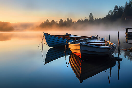 A hauntingly beautiful mist hovers above the water as the sun rises, revealing several boats docked quietly by a wooden pier