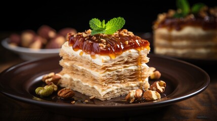 Baklava: An enticing shot of a sliced portion of baklava, showcasing its layers and nut filling. The photo conveys sophistication and sweetness