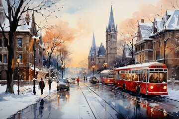 City street in winter. Watercolor illustration