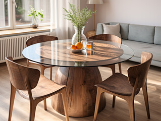 Japandi modern dining room: Round wood slab table, curved chairs in a cozy space.