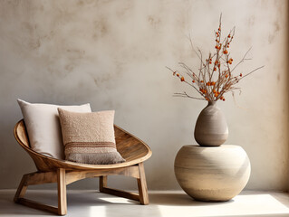 Modern boho living room: Curved chair, accent side table, stucco wall with rustic decor.




