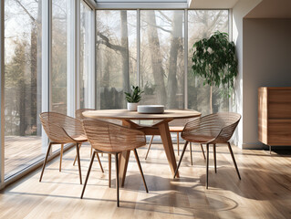 Japandi modern dining room: Chairs around rustic round wood table.
