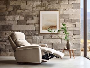 Rustic minimalist living room: Beige fabric recliner against stone cladding wall.



