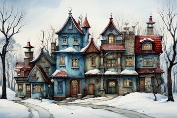 Watercolor illustration of old cozy houses in winter