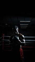 Fototapeta na wymiar Silhouette of an unrecognizable boxer man sparring in a dark gym