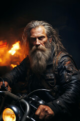 Fototapeta na wymiar portrait of a brutal bearded old man motorcyclist biker in leather jacket on a motorcycle at night