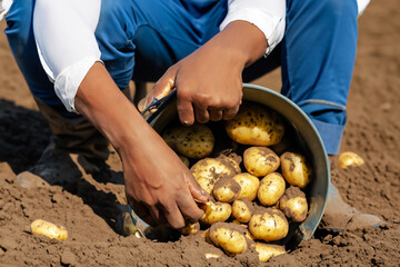 a man in an earthen production plant collects large potatoes. AI GENERATE