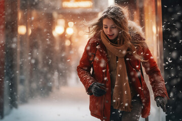 Beautiful girl in a winter coat walking on the street in winter - obrazy, fototapety, plakaty