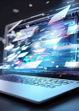 Laptop Notebook aus dem bunte Daten und geometrische Zeichen fliegen