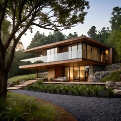Fototapeta na wymiar 3. Modern building design. Nature-friendly homes decorated with forests. Generative AI.