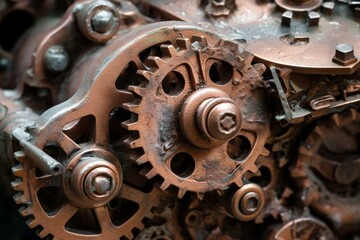Macro shot of an antique, weathered steampunk gear. Intricate mechanical detail, no people present. Closeup of large, rusty contraption. Generative AI