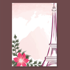 Paris vintage card with Eiffel tower, pink rose, watercolor, spot, city of love